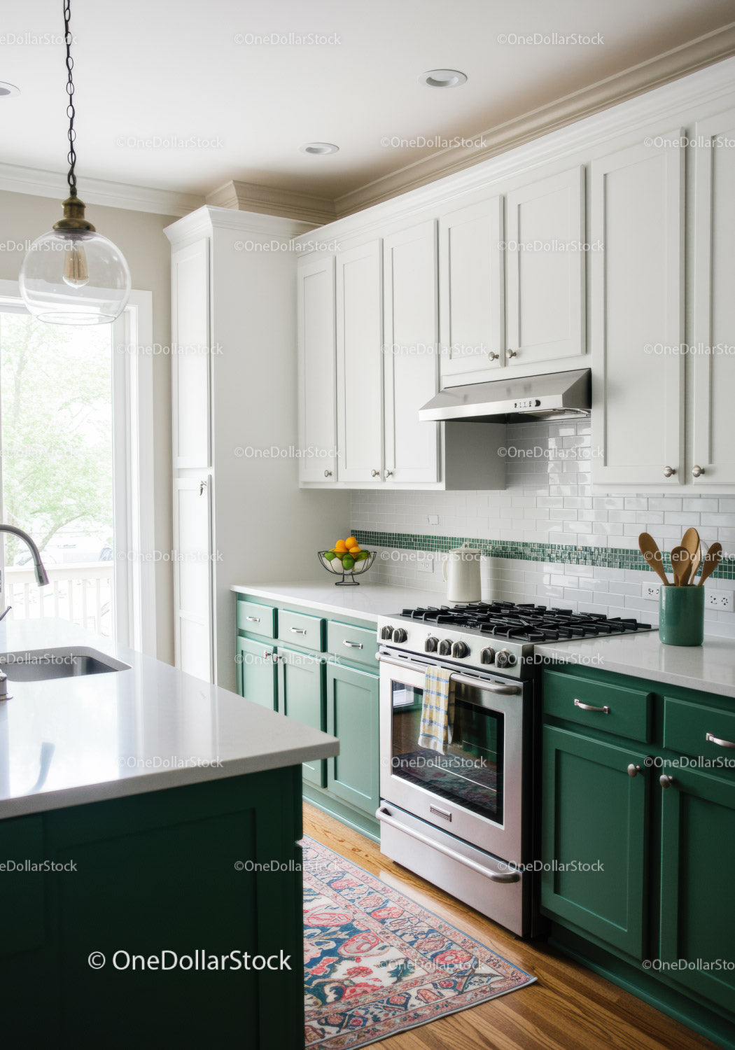 Bright Modern Kitchen with Green Cabinets and White Subway Tile