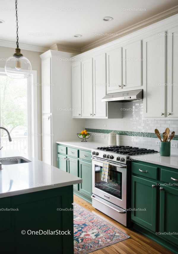 Bright Modern Kitchen with Green Cabinets and White Subway Tile