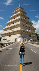 Traditional Ancient Pagoda Building with Cityscape and Tourists
