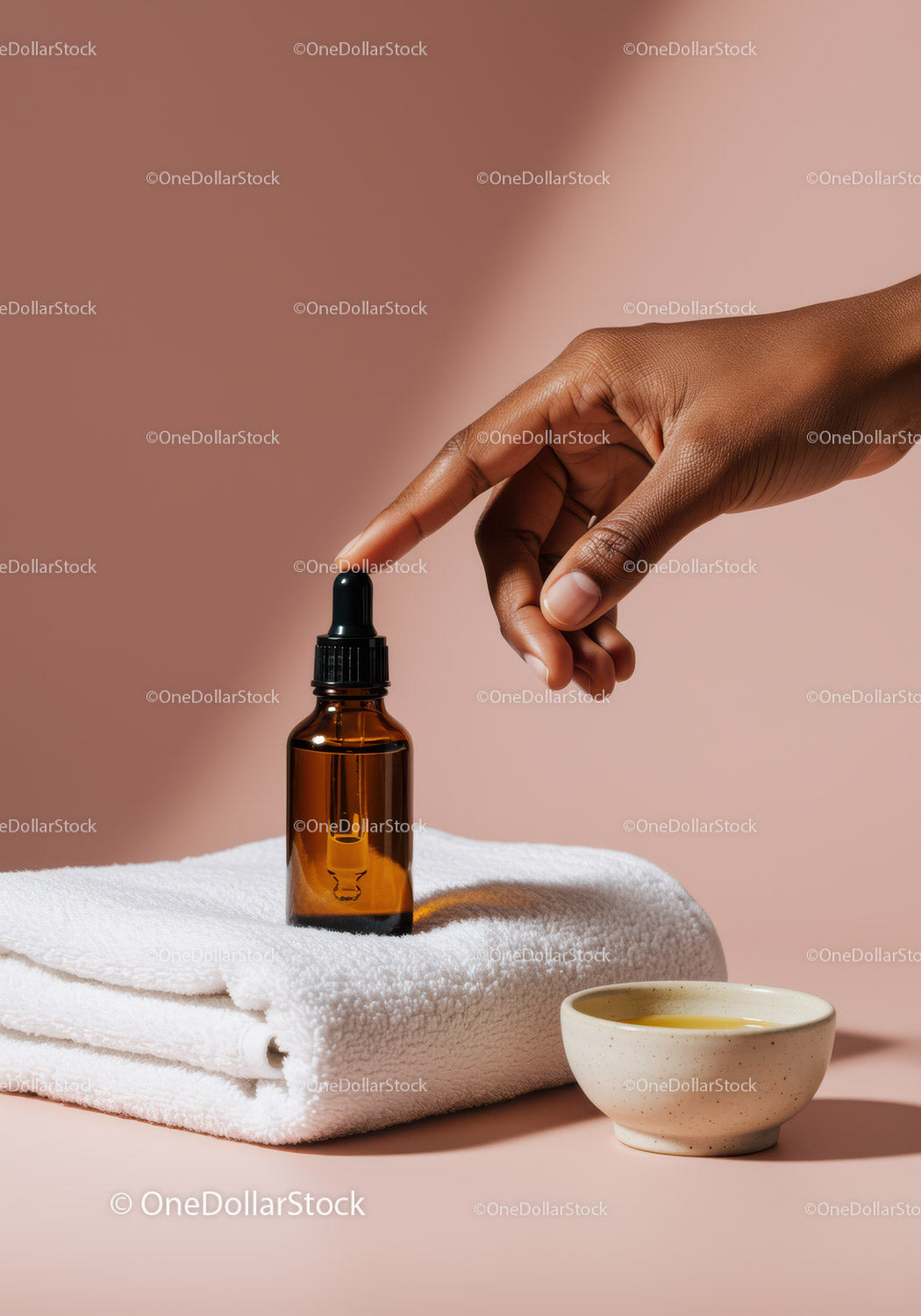 Amber Glass Dropper Bottle with White Towel and Bowl for Skincare
