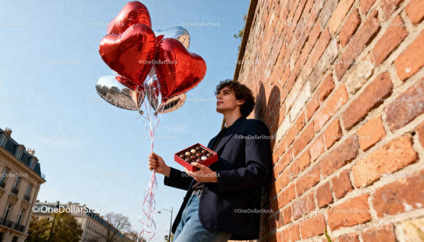 Young man holding heart balloons and chocolate box outdoors
