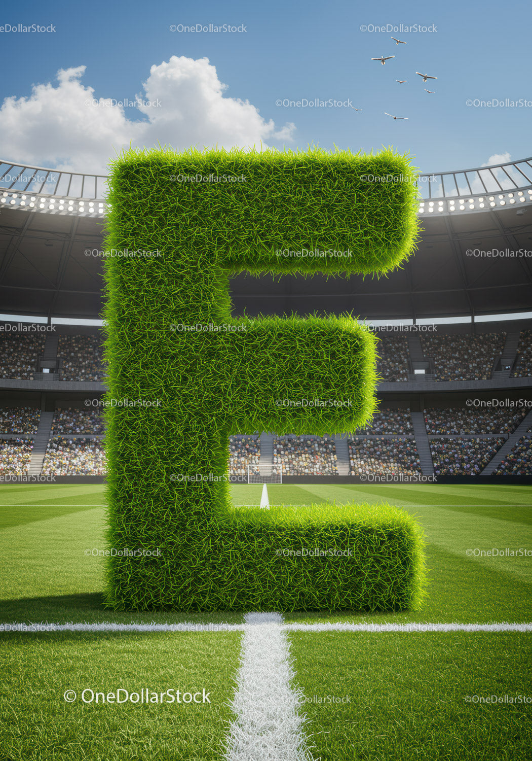 Zielona trawa Litera E na nowoczesnym stadionie piłkarskim