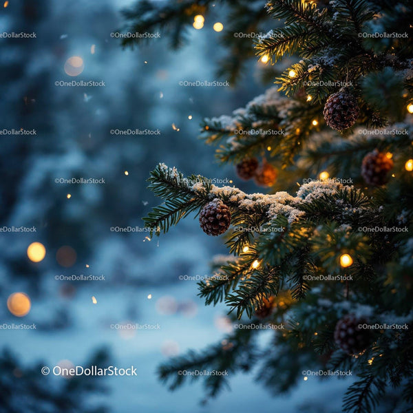 Snowy pine branches with warm festive lights