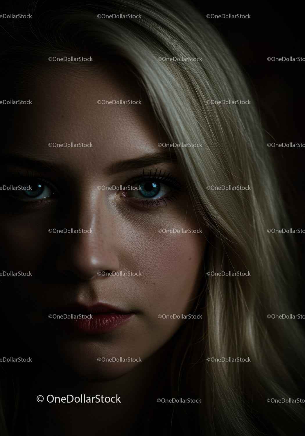 Close up portrait of thoughtful young woman with blue eyes