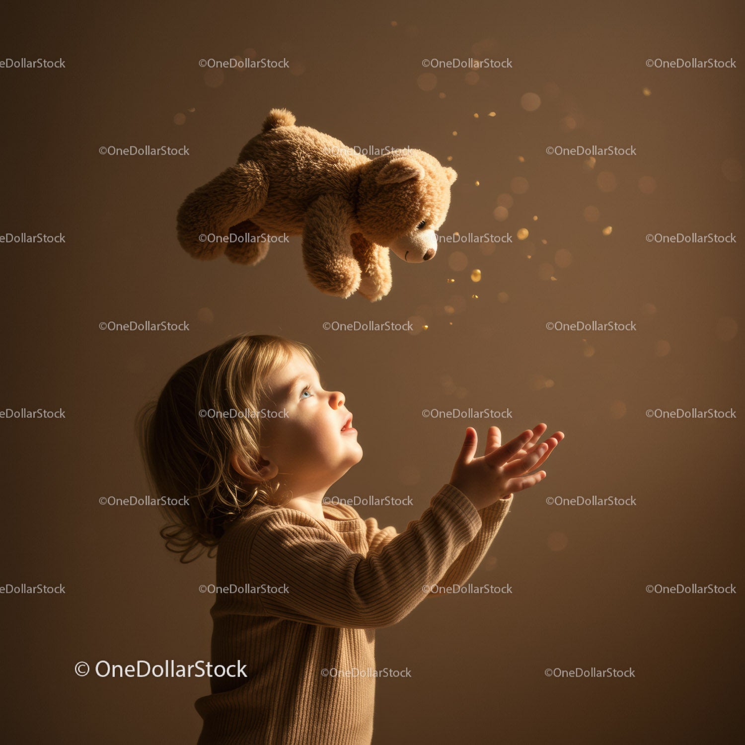 Child Reaching for Floating Teddy Bear with Wonder