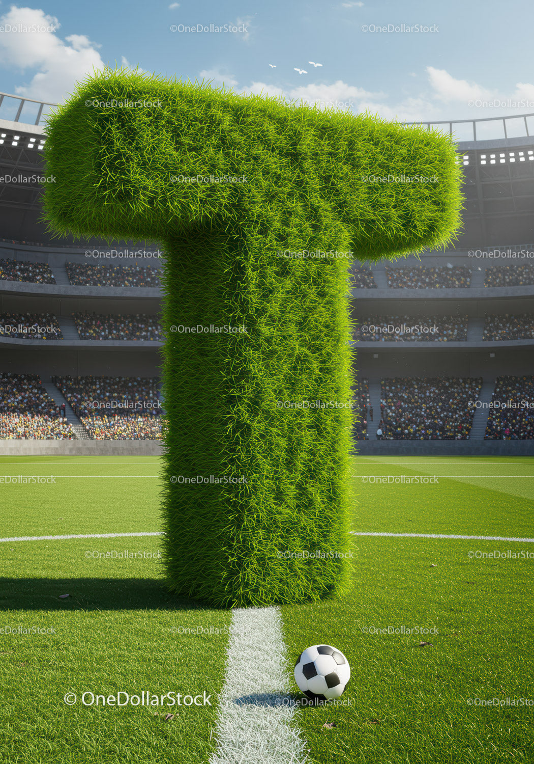 Large Grass Letter T on Soccer Field with Ball