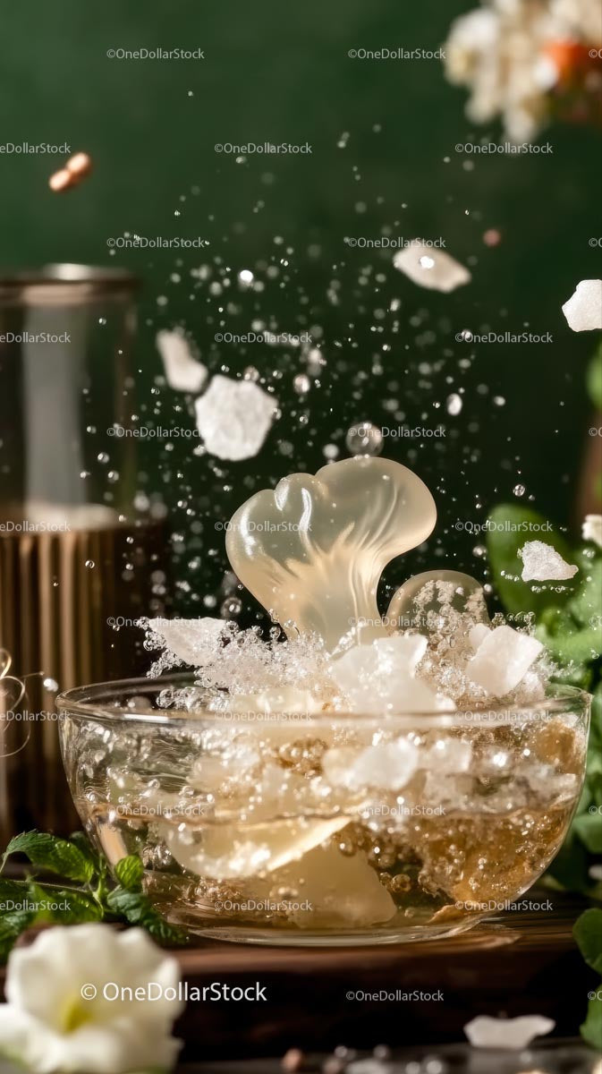 Splashing Milk and Ice Cubes in a Glass Bowl for Refreshing Beverage