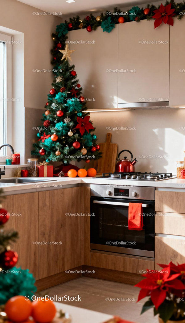 Cozy modern kitchen decorated with festive Christmas tree