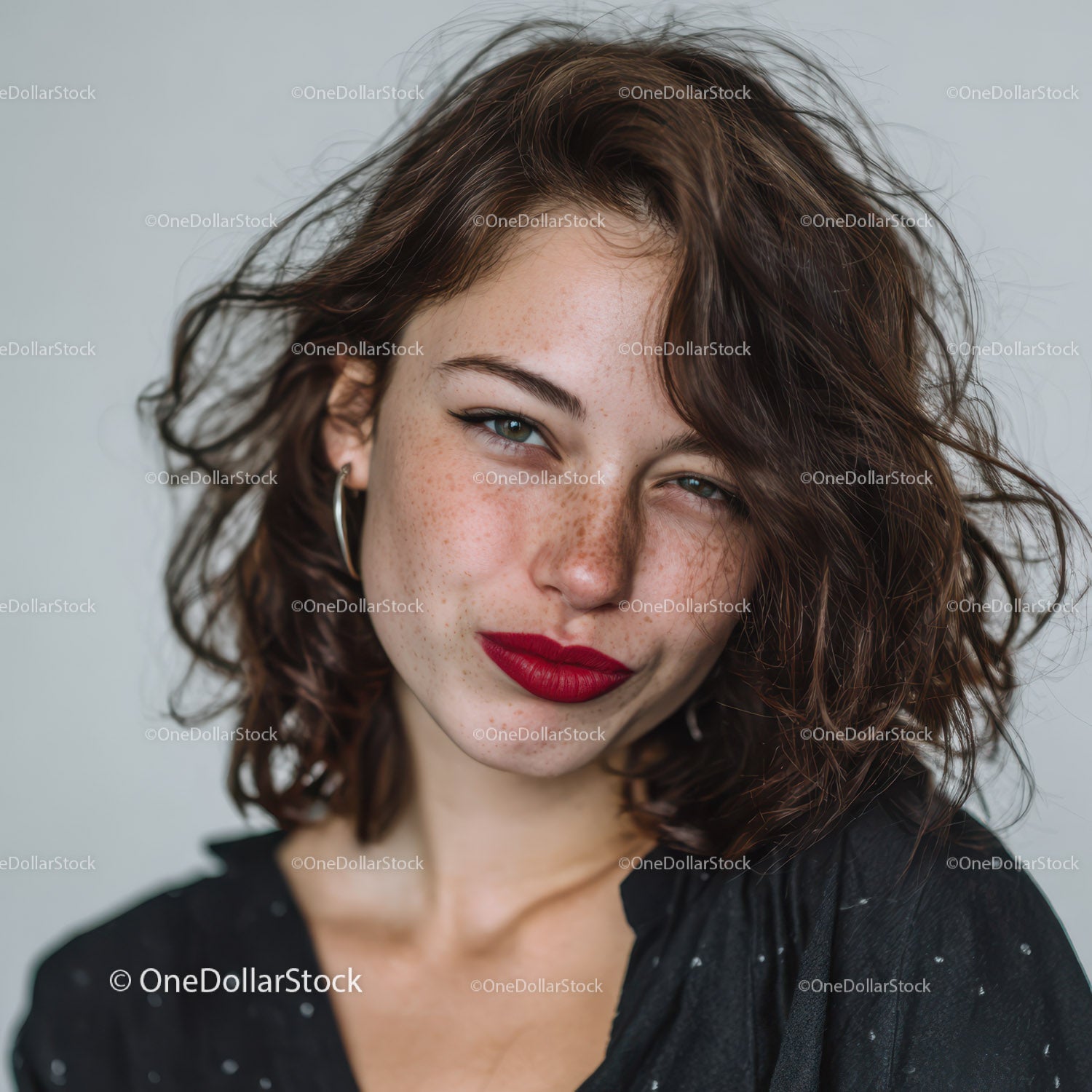 Vibrant Red Lips and Curly Hair Beauty Portrait