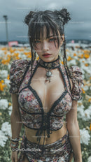Young Woman with Edgy Style in Floral Outfit in Bright Garden Scene