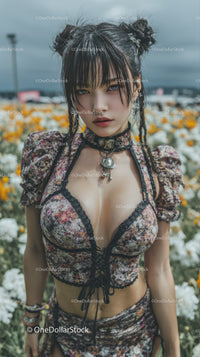 Young Woman with Edgy Style in Floral Outfit in Bright Garden Scene