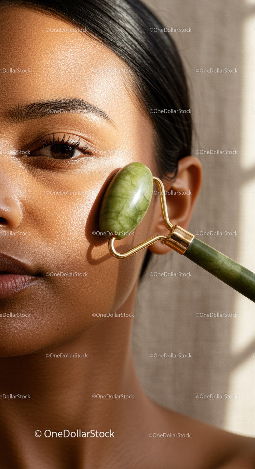 Young Woman Using Jade Roller for Facial Skincare and Rejuvenation
