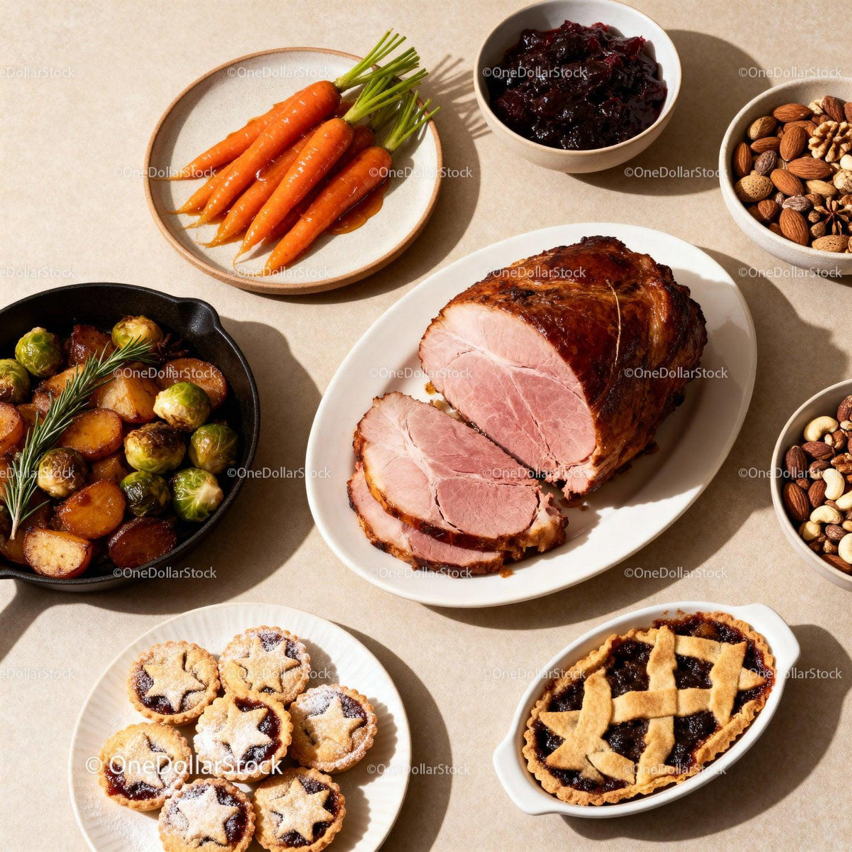Holiday meal with glazed ham and festive sides