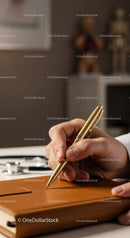 Businessman Writing with Gold Pen on Leather Notebook in Modern Office