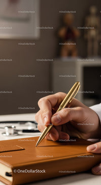 Businessman Writing with Gold Pen on Leather Notebook in Modern Office