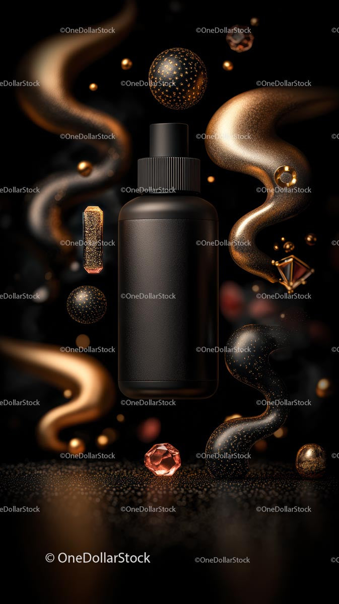 Luxurious Black and Gold Cosmetic Bottle with Glitter Accents