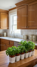 Bright Modern Kitchen with Wooden Cabinets and Fresh Basil Pots
