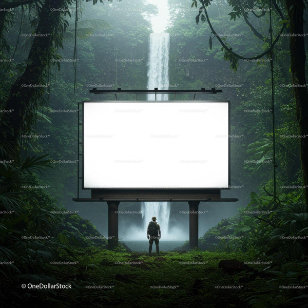 Explorer Standing Before Blank Billboard Near Waterfall JPG Mockup Image