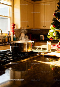 Steaming pot on stove in festive cozy kitchen