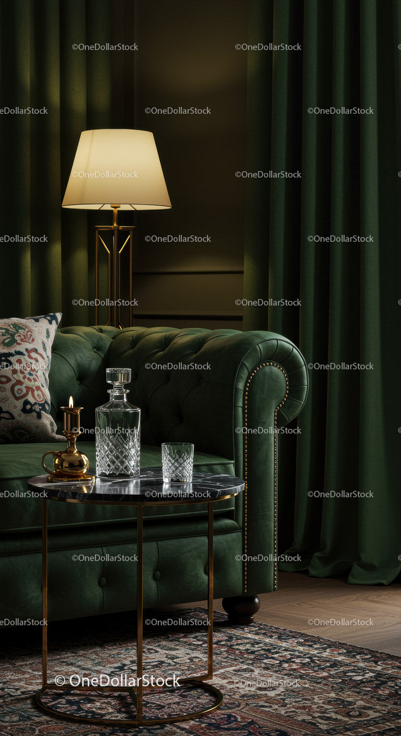 Elegant Green Chesterfield Sofa and Cozy Living Space