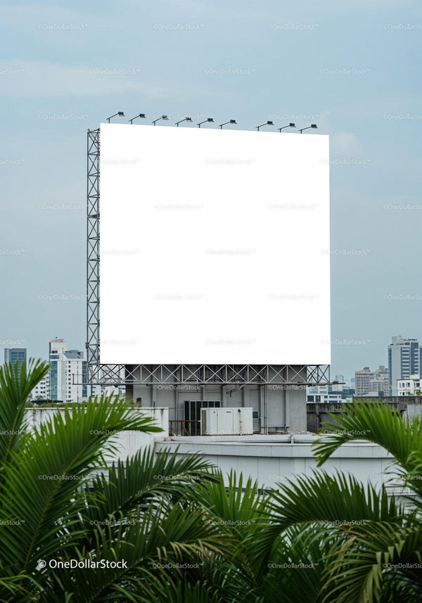 Blank billboard overlooking city skyline with greenery JPG Mockup Image