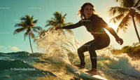 Young woman surfing dynamic wave during golden hour