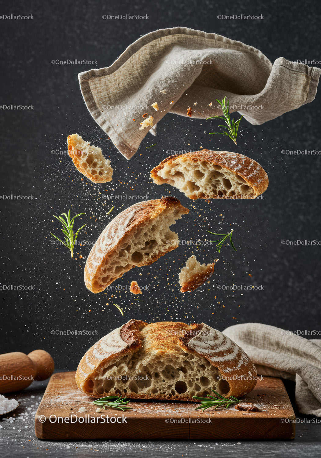 Freshly Baked Artisan Bread with Flying Crumbs
