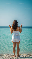 Woman Standing on Beach Facing Calm Sea with Blue Sky and Horizon