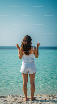 Woman Standing on Beach Facing Calm Sea with Blue Sky and Horizon