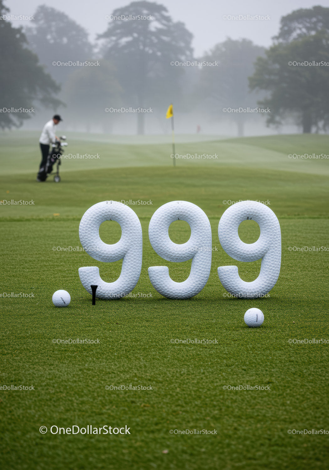 Golf course with oversized golf ball score numbers 999