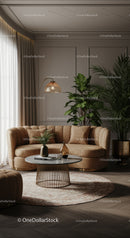 Cozy living room with beige sofa and green plants