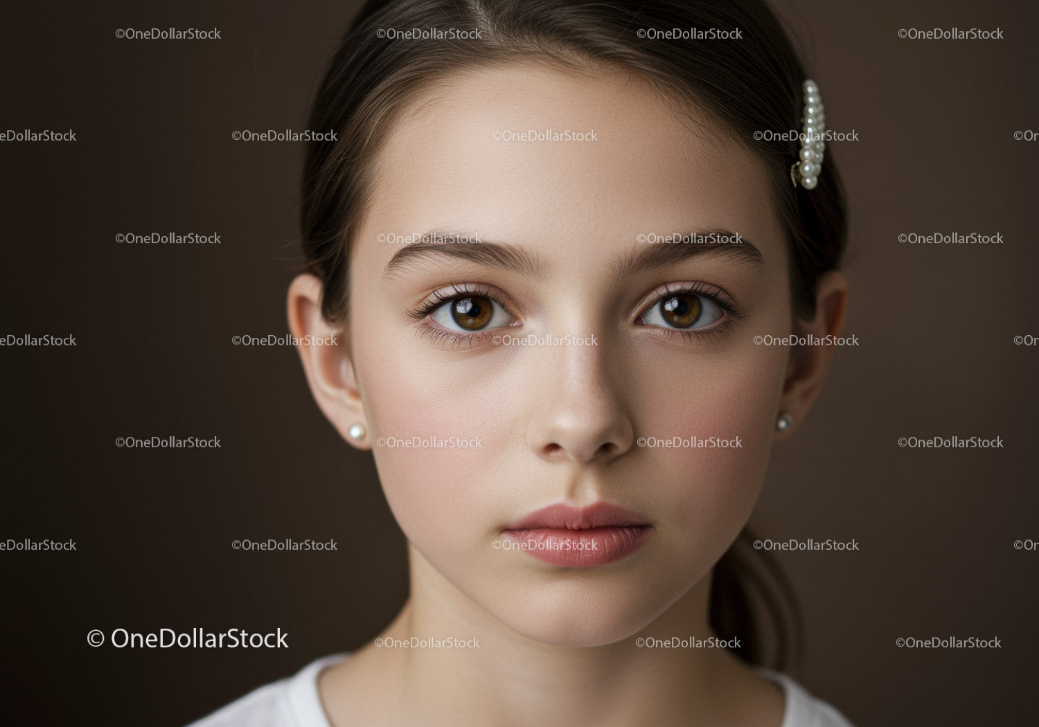 Elegancki portret młodej dziewczyny o brązowych oczach i perłowych kolczykach