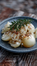 Roasted Onions with Fresh Rosemary on Rustic Plate for Gourmet Food Photography