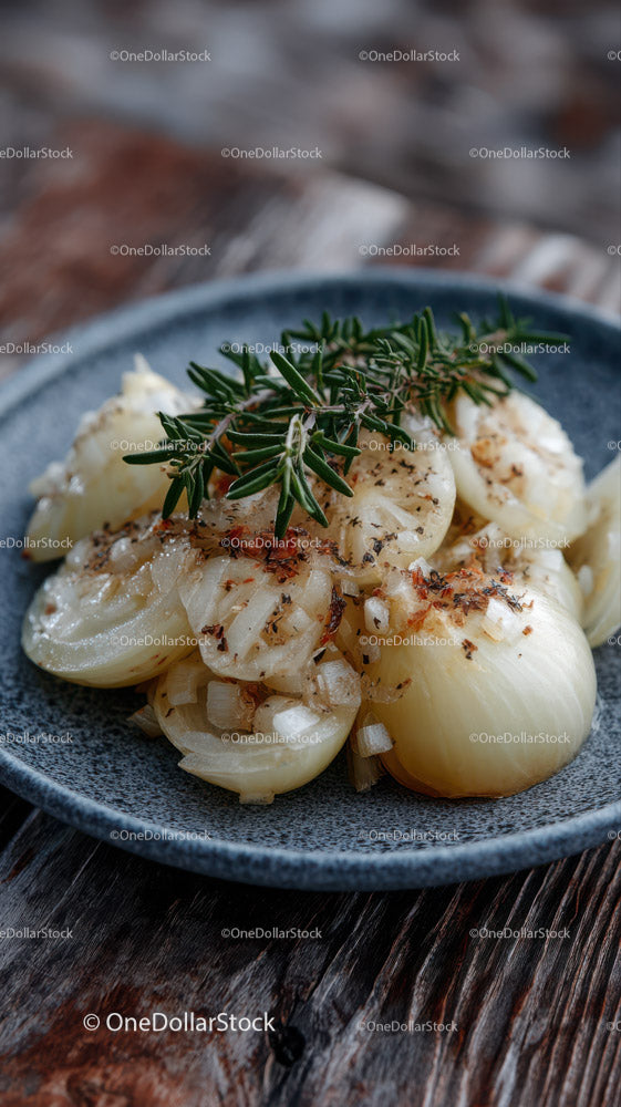 Roasted Onions with Fresh Rosemary on Rustic Plate for Gourmet Food Photography