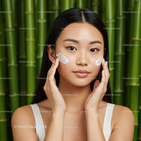 Young Asian Woman Applying Face Cream in Natural Bamboo Setting