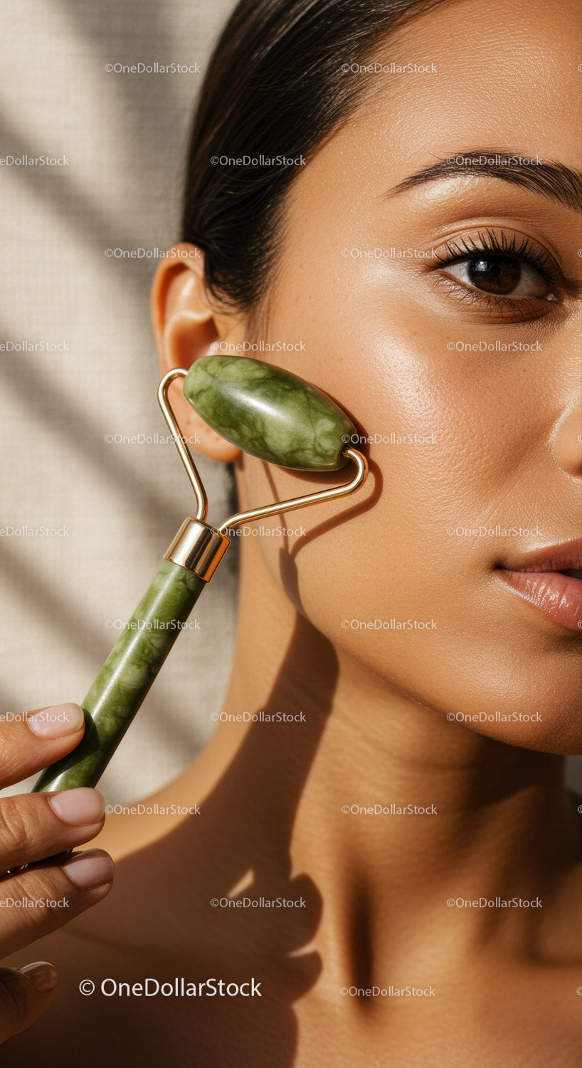 Close-Up of a Woman Using Jade Roller for Facial Skin Care