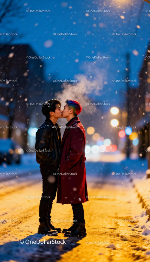 Winter evening kiss between couple on snowy street