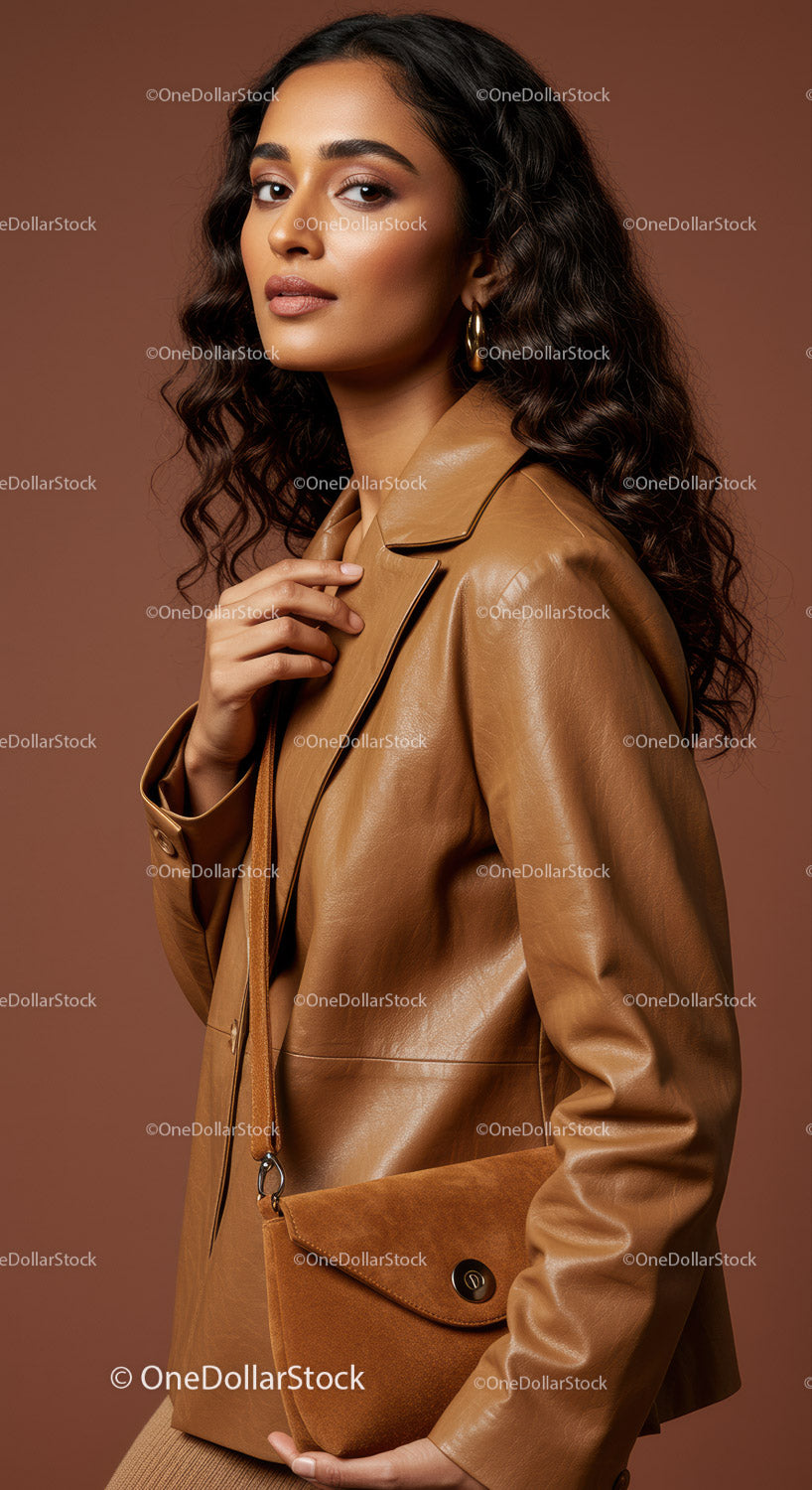 Elegant Woman in Brown Leather Jacket with Accessories and Handbag