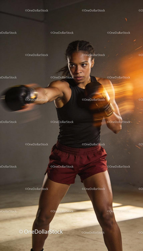 Focused female boxer delivering powerful punch