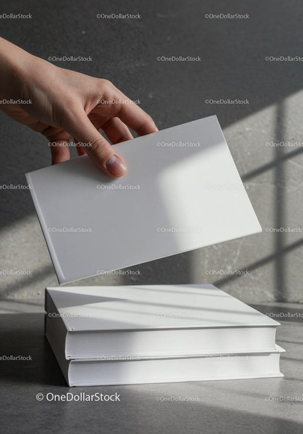 Hand Holding a Blank White Book Above Stacked Books JPG Mockup Image