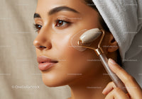 Beautiful Woman Using Facial Roller for Skin Rejuvenation