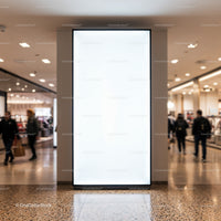 Bright blank billboard in busy shopping mall corridor