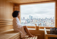 Woman Sitting and Relaxing in Sauna with City Skyline View