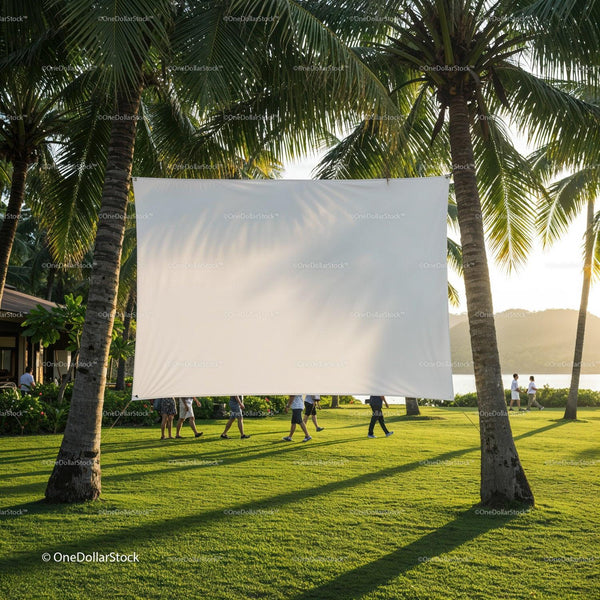 Outdoor movie screen hanging between palm trees at sunset JPG Mockup Image