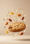 Oatmeal raisin cookie with floating oats and raisins