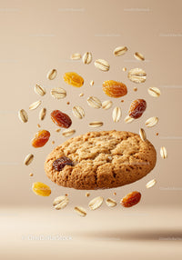 Oatmeal raisin cookie with floating oats and raisins