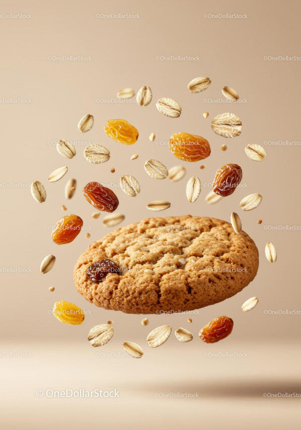 Oatmeal raisin cookie with floating oats and raisins