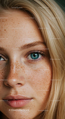 Close Up of Young Woman with Freckles and Blue Eyes