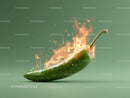Fiery Green Jalapeño Pepper Igniting with Flames and Sparks