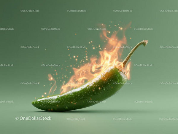 Fiery Green Jalapeño Pepper Igniting with Flames and Sparks